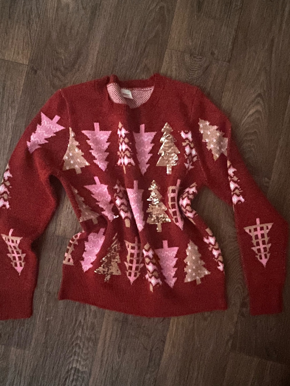 Holiday Time Red Crewneck Sweater with Pink and Gold Trees